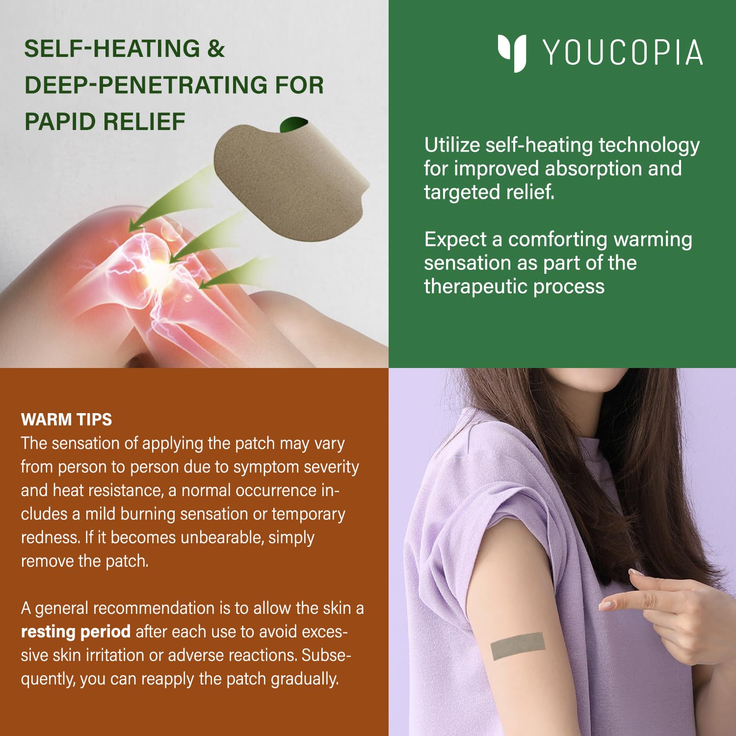 YOUCOPIA Knee Relief Heat Patches: 36 Count Natural Herbal Relieving Plaster for Long Lasting Muscle and Joint Relief - Mugwort