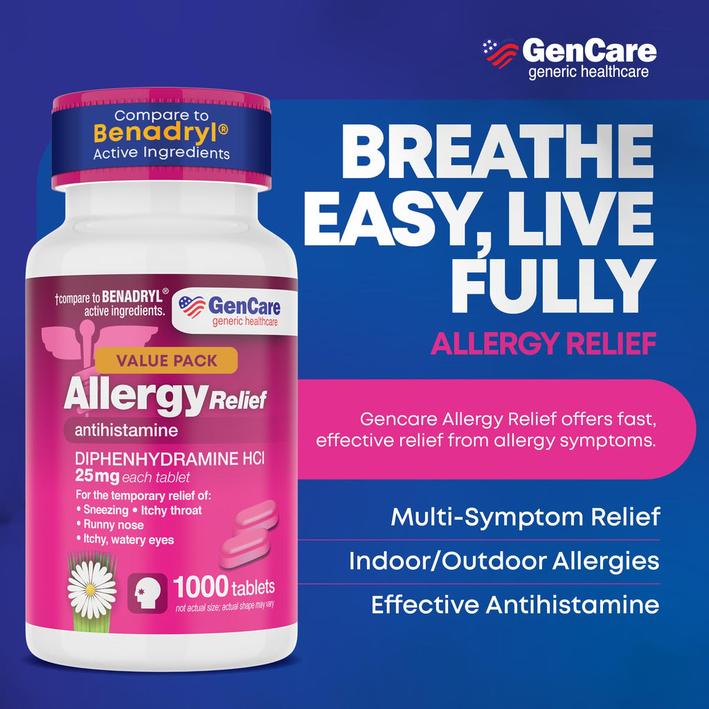 GenCare - Antihistamine Diphenhydramine HCl 25mg (1000 Tablets Per Bottle) - Compare to Generic Benadryl - Bulk Savings | Relief