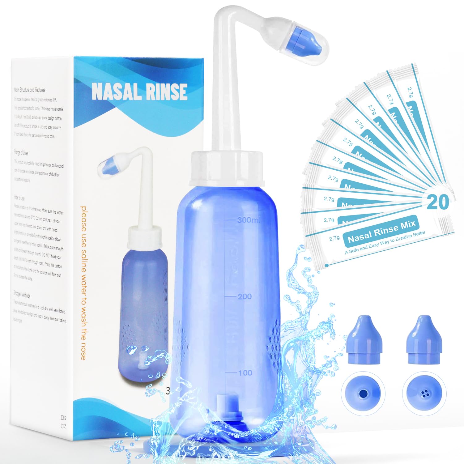Showvigor Neti Pot Sinus Rinse Bottle - Gentle Nasal Wash Bottle Nose Cleaner for Effective Pressure Irrigatio 300 ML with 20 Na