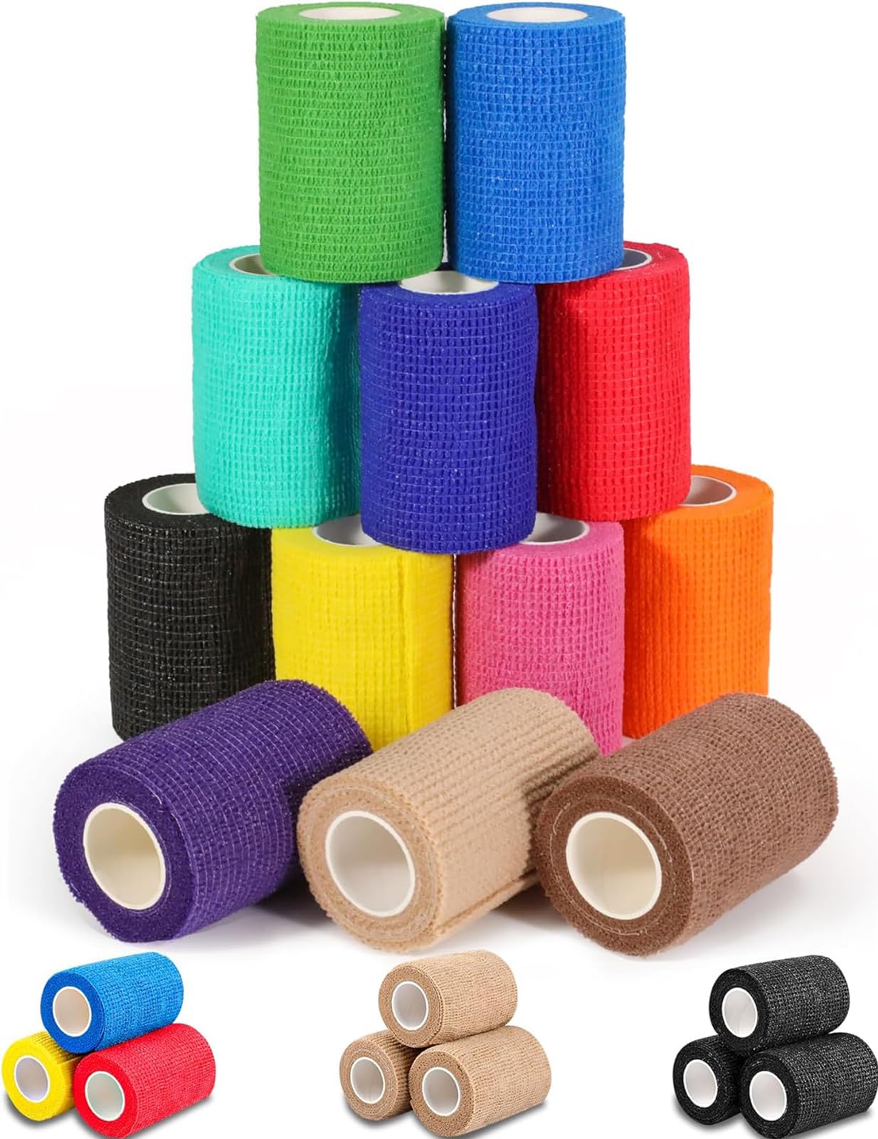 AZEN 12 Pack Self Adhesive Bandage Wrap, 3 X 5 Yards Elastic Cohesive Bandage Wrap, Vet Wrap, Ankle Tape, Tattoo Grip Tape Wrap,