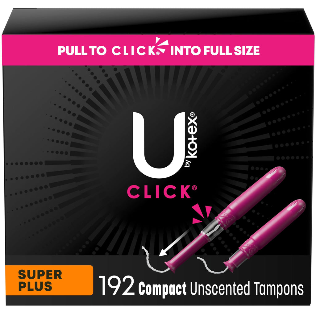 U by Kotex Click Compact Tampons, Super Plus Absorbency, Unscented, 192 Count (6 Packs of 32) (Packaging May Vary)