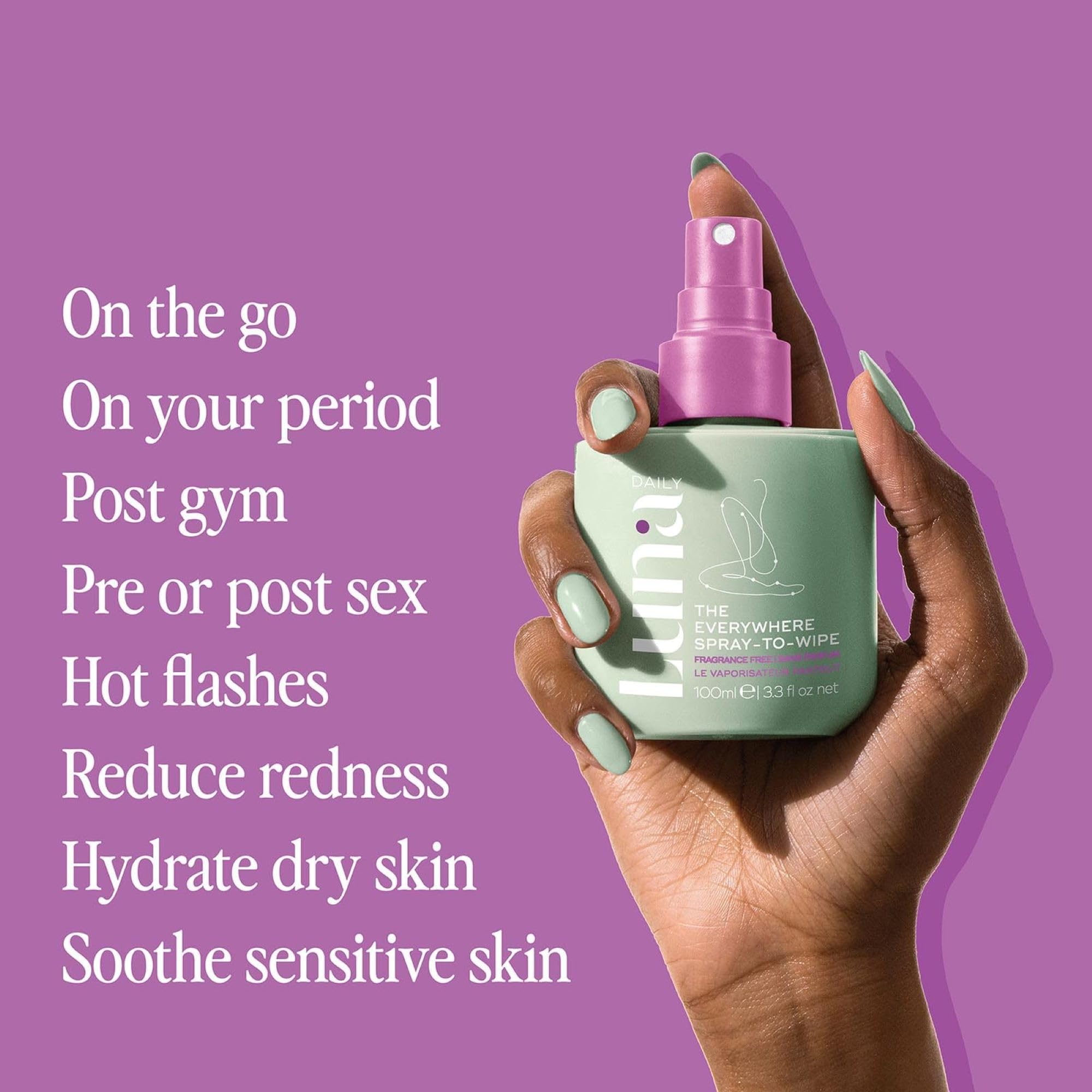 Luna Daily The Everywhere Spray-to-Wipe | Fragrance- Free | Gentle Cleansing Spray for Face, Body & Intimate Use - No Rinse, Hyp