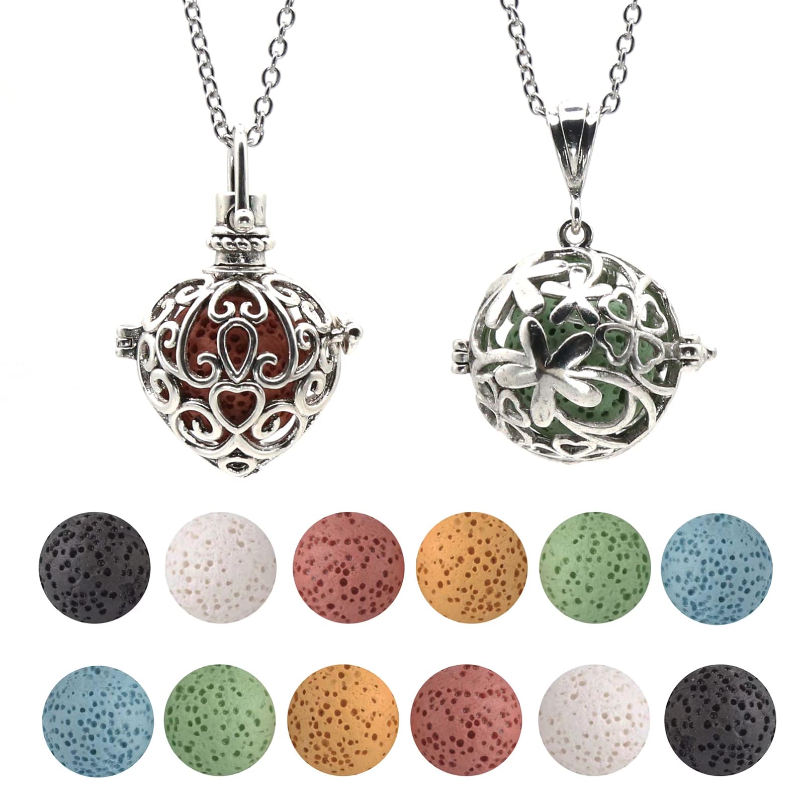 HEDQFM 2PCS Aromatherapy Essential Oil Diffuser Necklace Love Heart and Hollow Ball Locket Pendant Necklace with Lava Bead Stone