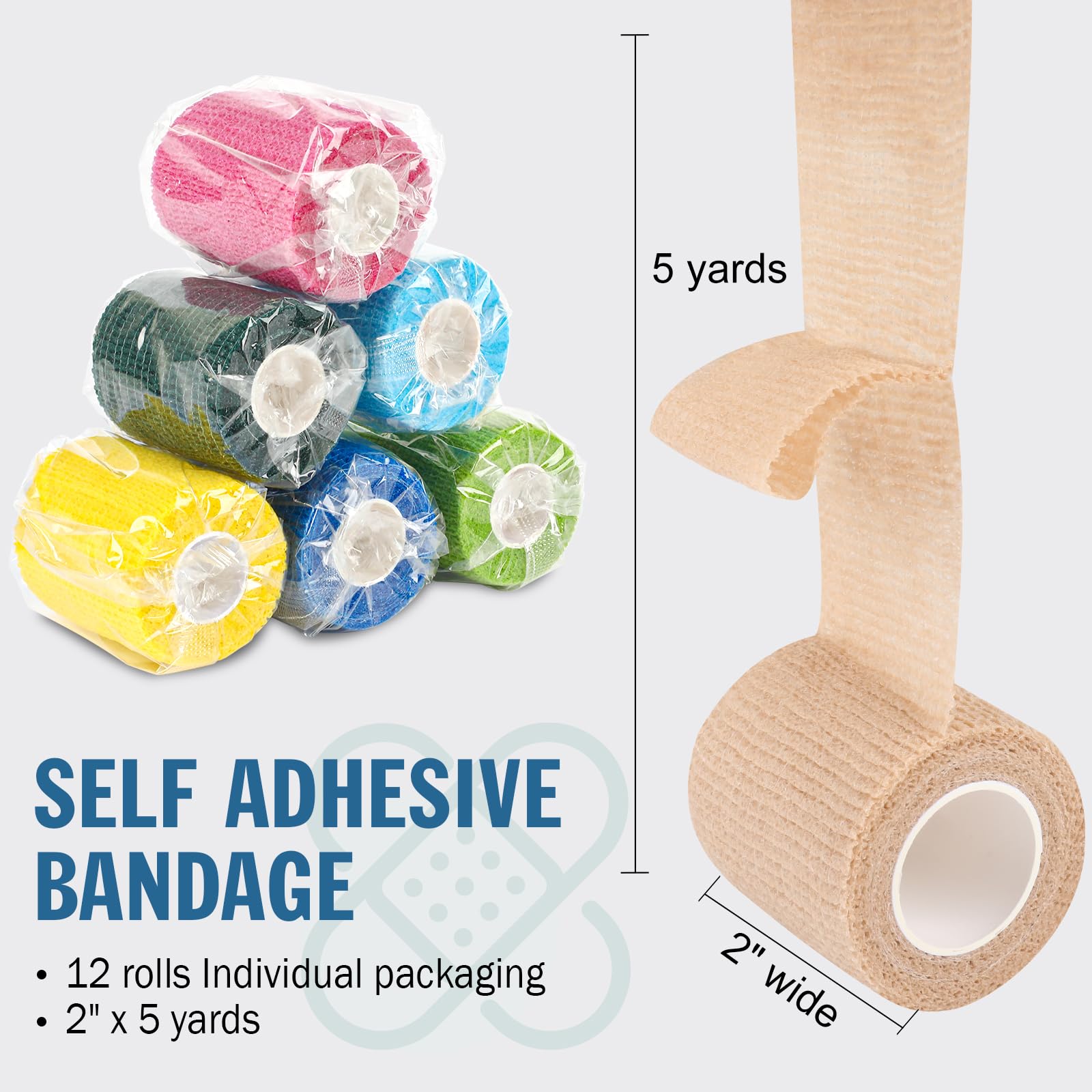 YesBes 12 Pack Self Adhesive Bandage Wrap, 2 X 5 Yards Color Vet Wrap, Ankle Tape, Elastic Cohesive Bandage Wrap, Athletic Tape