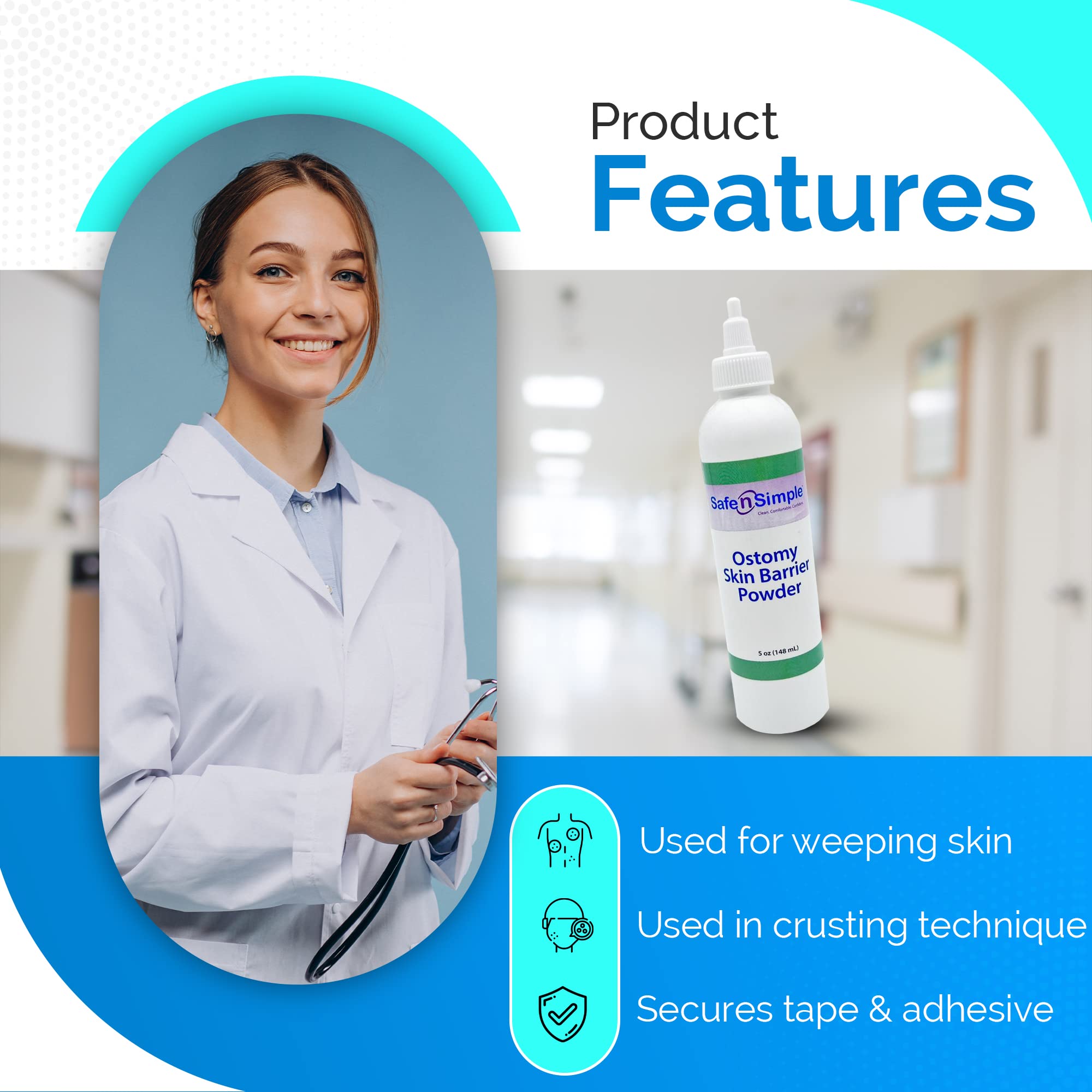 Safe n Simple Stoma Skin Barrier Powder - 5 oz - Medicated Protective Skin Barrier - Ostomy Protection Supplies - Stoma Adhesiv