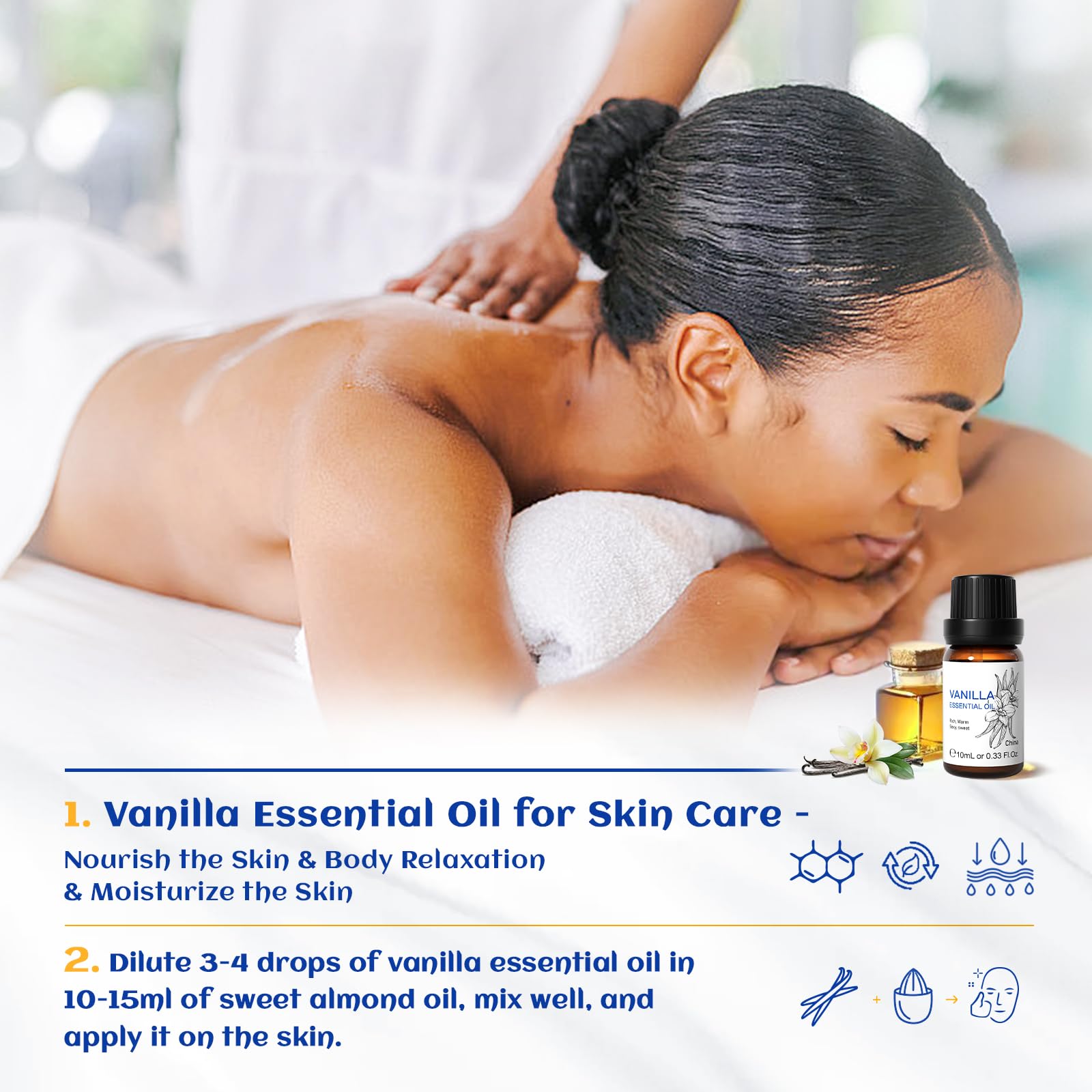 HIQILI 10ml Vanilla Essential Oil, 100% Pure Natural Vanilla Fragrance Oil for Skin, Hair, Massage, DIY Spray, Perfume, Candle,