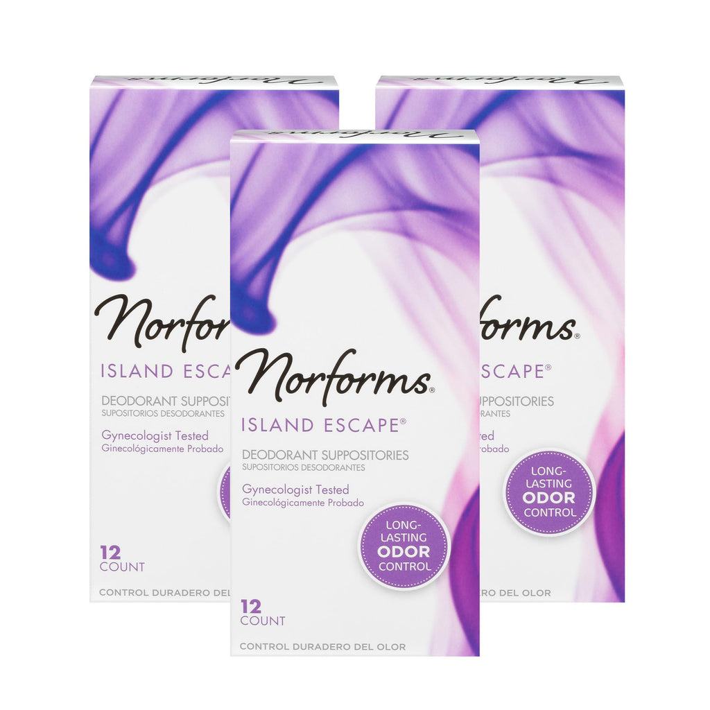 Norforms Feminine Deodorant Suppositories, Long Lasting Odor Control, Island Escape Scent, 12 Count Deodorant Suppositories in E