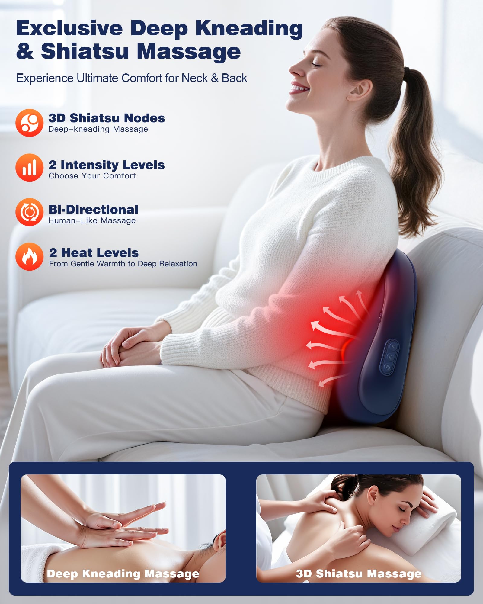 JZBRAIN Shiatsu Back and Neck Massager with Heat - Deep Kneading Massage Pillow for Relaxation - Corded Design for Full Body Use