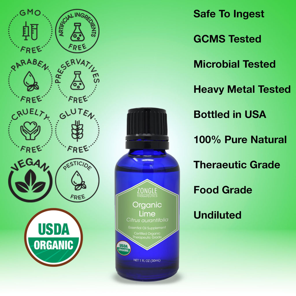 Organic, Lime Essential Oil, Food Grade, for Cooking - 100% Pure, Lime Oil, by Zongle Therapeutics, 1 OZ