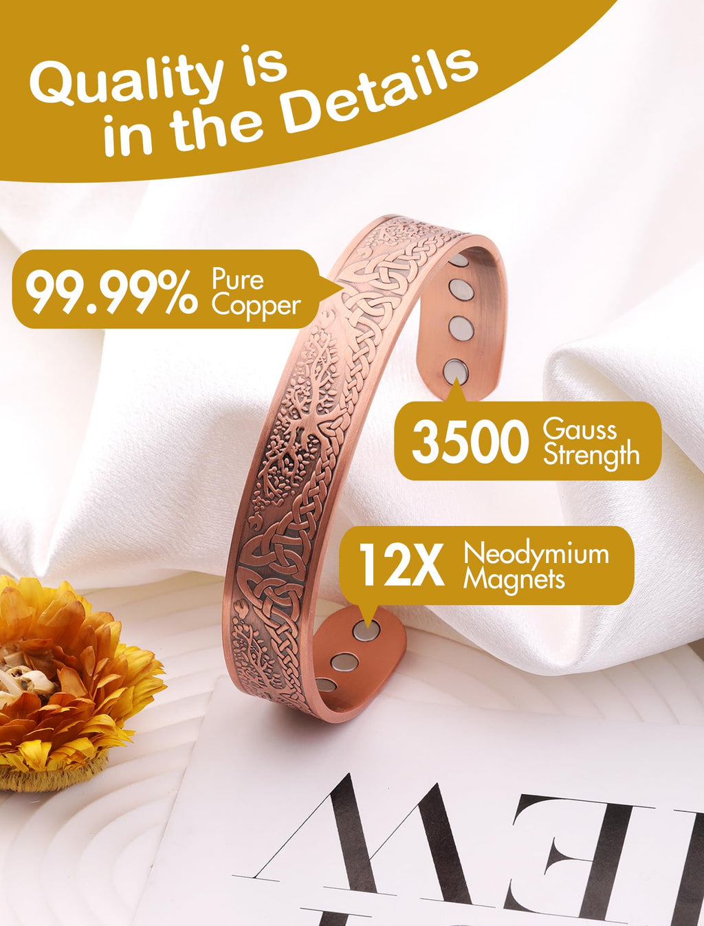 Feraco Copper Magnetic Bracelets for Men Women with Strong Magnets, Tree of Life Pattern, 99.99% Pure Solid Copper Cuff Bangle,