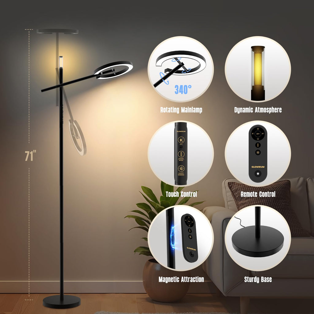 GLOWRIUM-H1 Smart Light Therapy Lamp 10000 Lux, LED UV-Free Sun Lamp, Full Spectrum Happy Natural Mood Therapy, Stepless Dimmabl