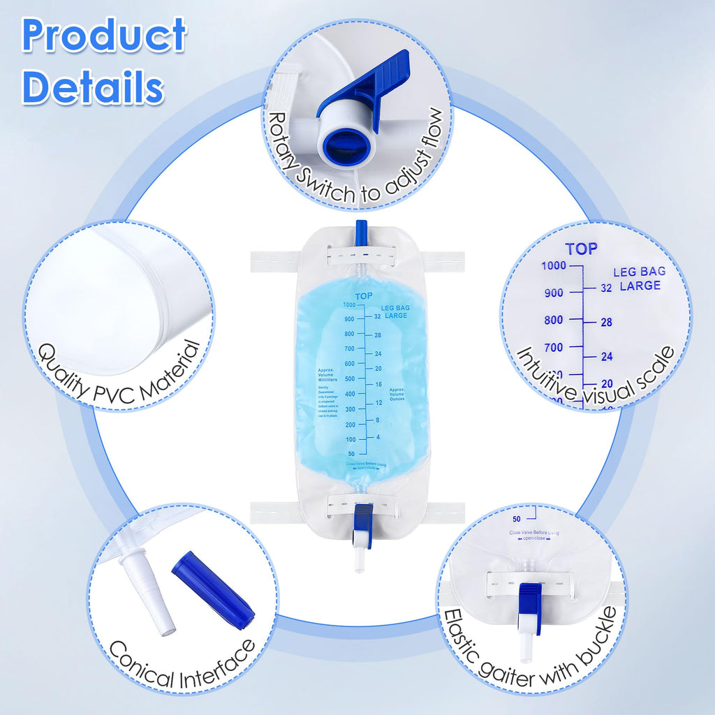 Geiserailie 1000ml Leg Bag Urinary Drainage Bag with Cloth Straps, 33.8oz Large Capacity Urine Leg Bag with Anti Reflux Valve, E