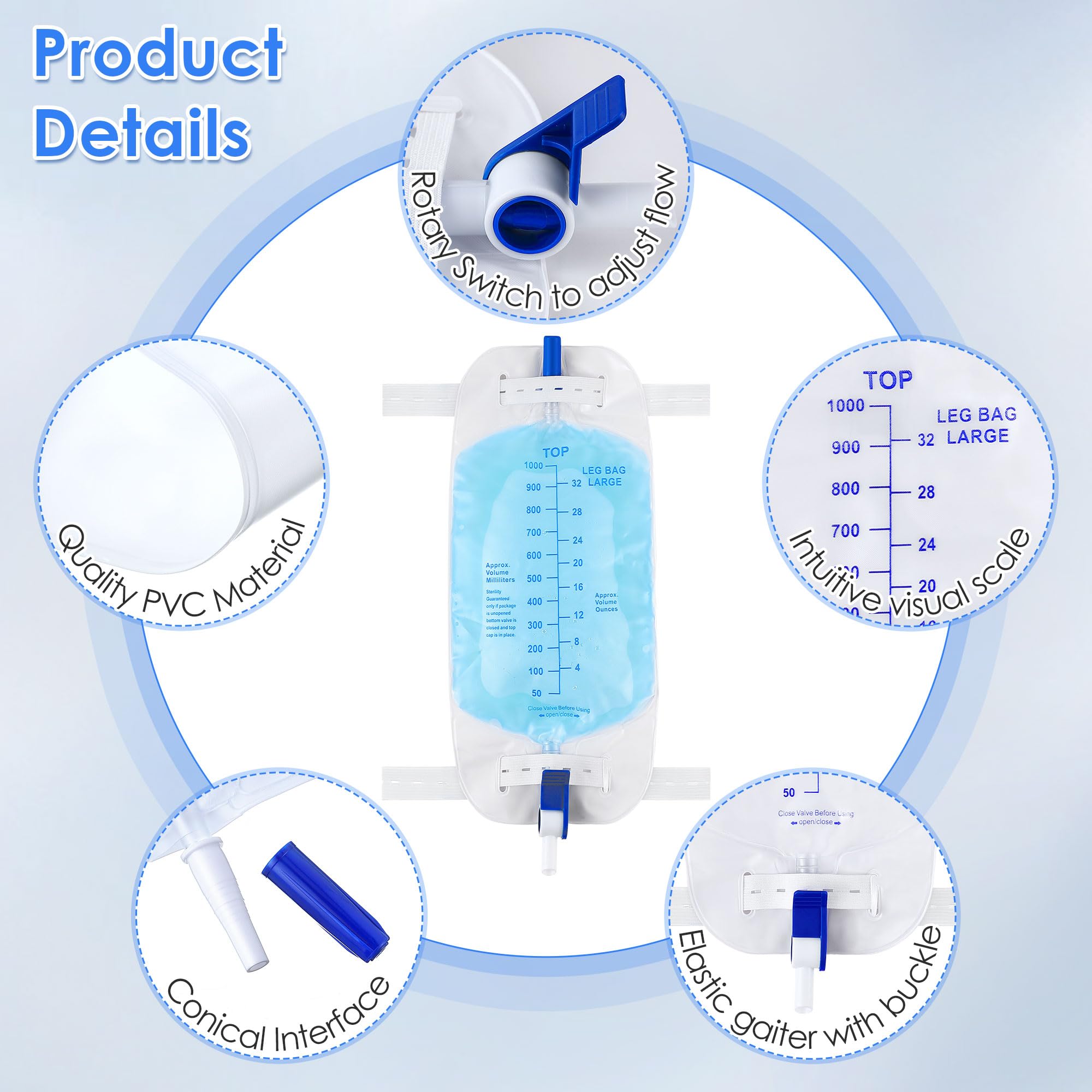 Geiserailie 1000ml Leg Bag Urinary Drainage Bag with Cloth Straps, 33.8oz Large Capacity Urine Leg Bag with Anti Reflux Valve, E