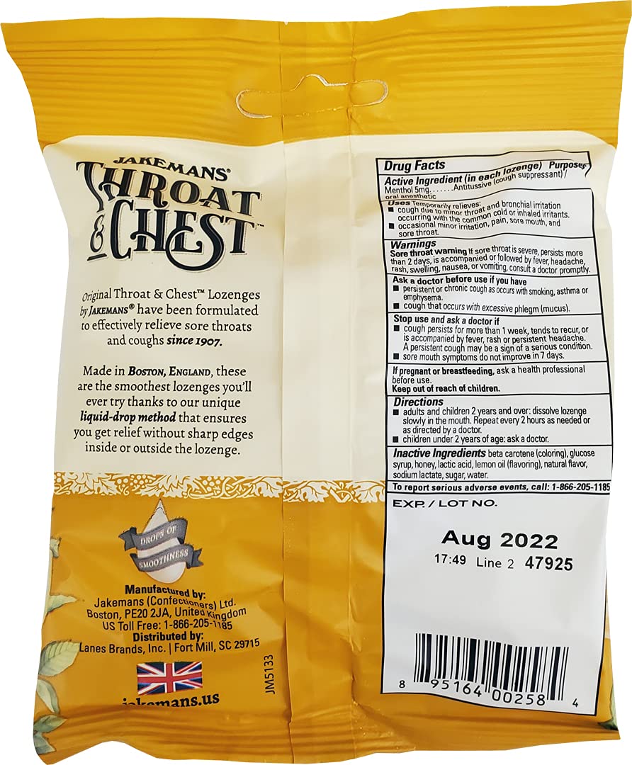 Jakemans Honey and Lemon Throat & Chest Lozenges Cough Drops - Cough, Sore Throat and Seasonal Distress Soothing Relief - Liquid