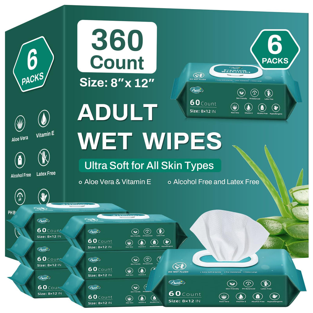 [360 Count] Adult Wipes for Elderly, 8 x 12 Extra Large Adult Wipes for Incontinence & Cleansing - Disposable Washcloth for Elde