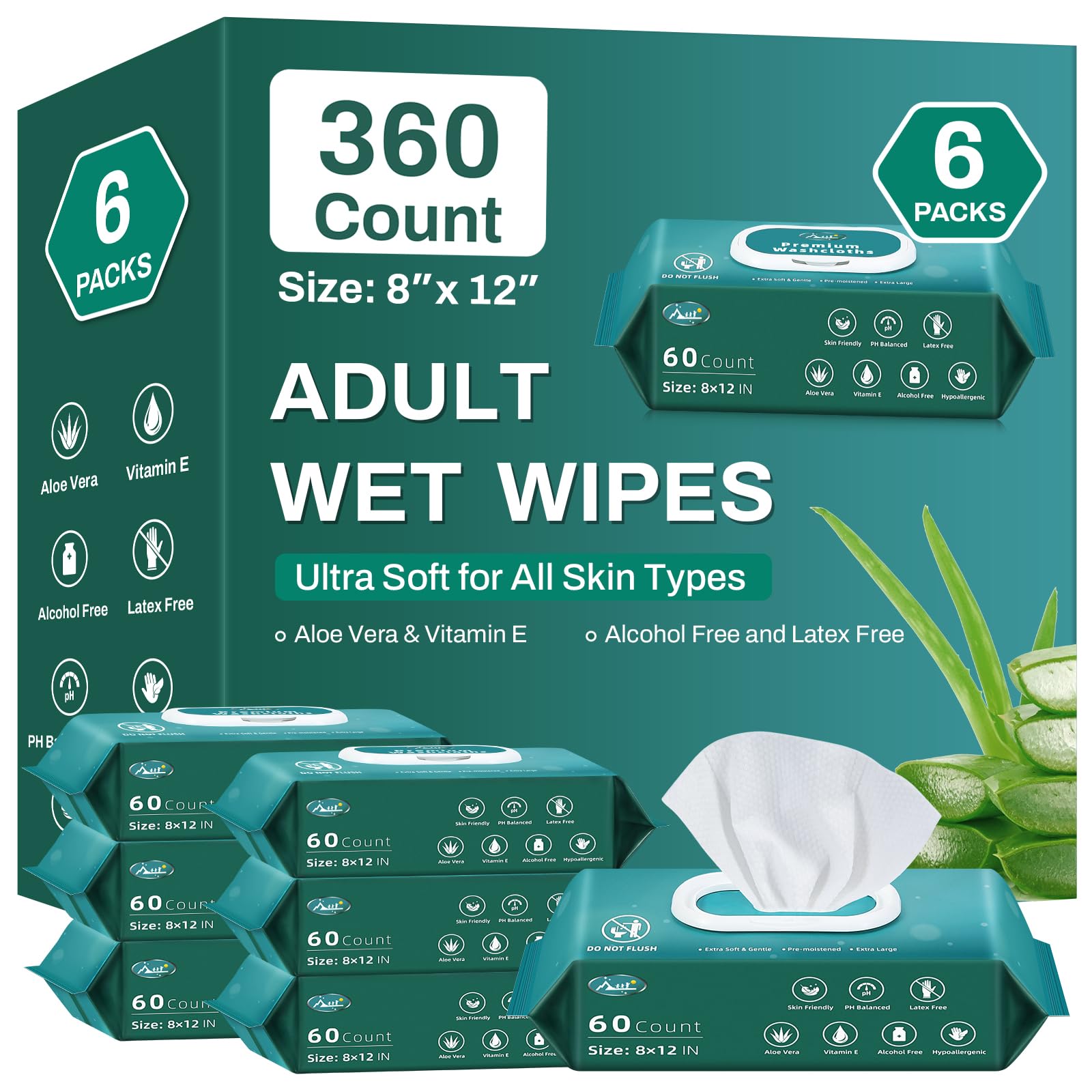 [360 Count] Adult Wipes for Elderly, 8 x 12 Extra Large Adult Wipes for Incontinence & Cleansing - Disposable Washcloth for Elde