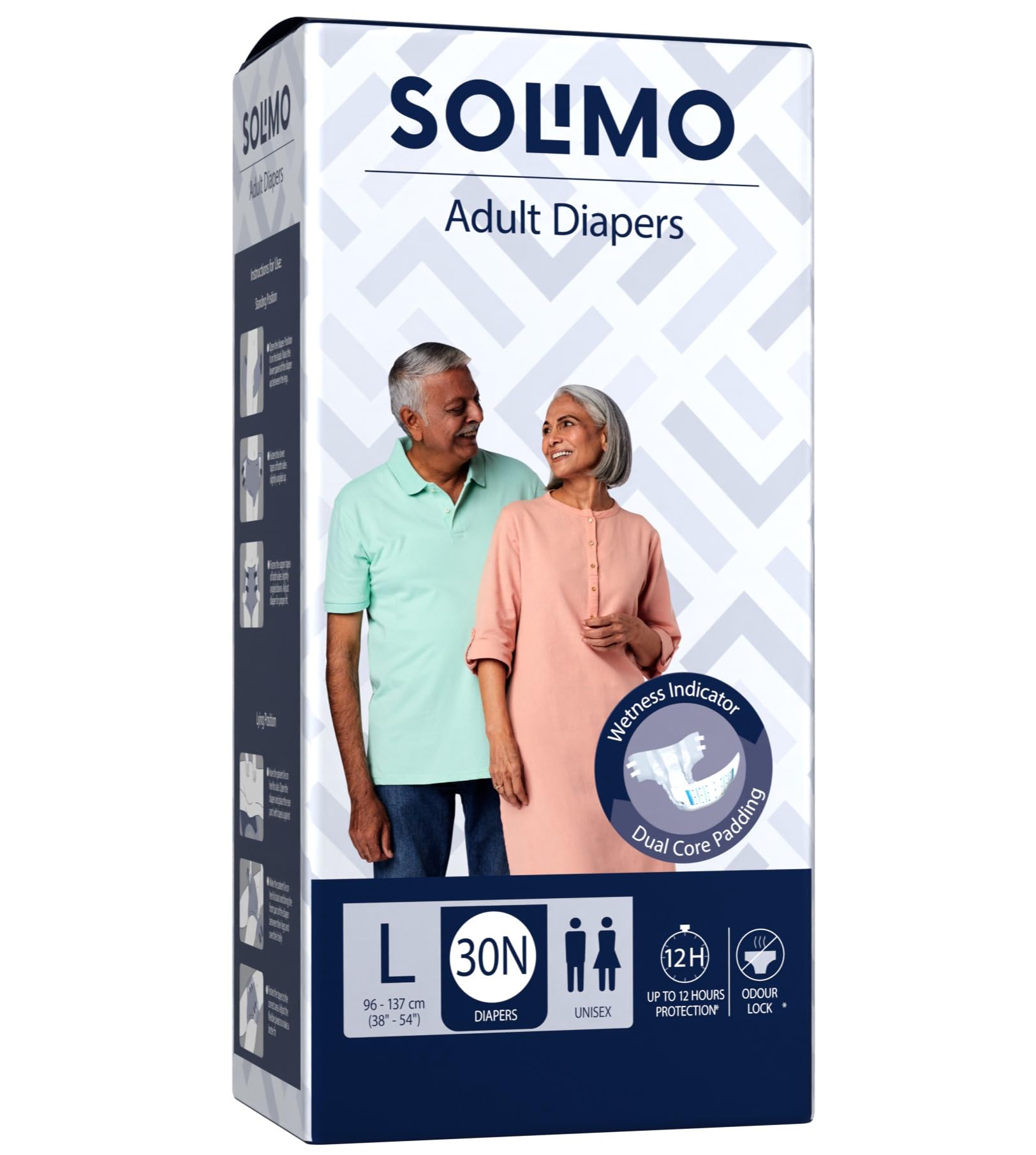 Amazon Brand  Solimo Adult Diapers Tape Style | Large Size | 30 Count | Waist 3854 Inch (96137 Cm) | Fast Absorption | Leak P