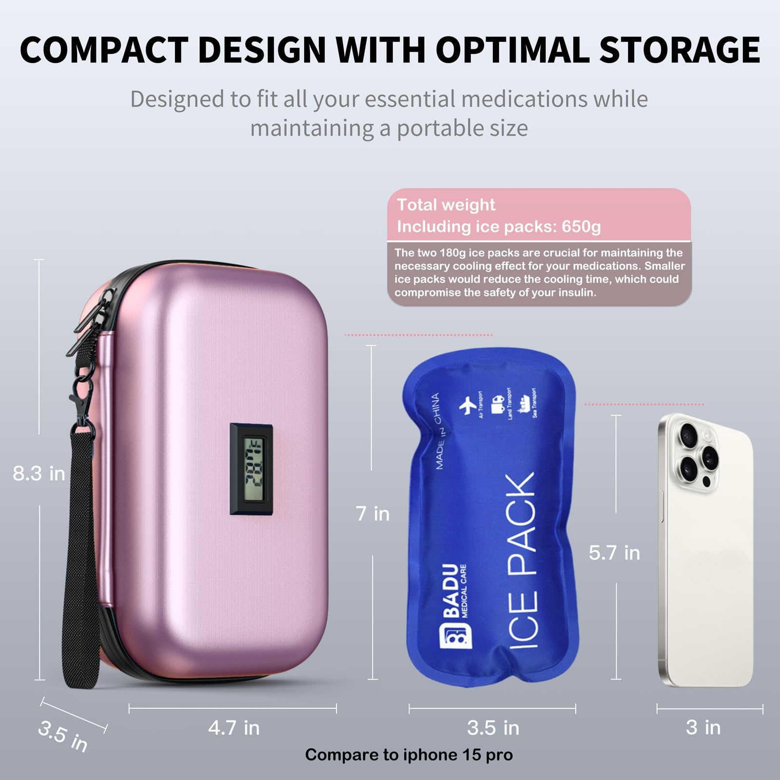 WOODAKE Insulin Cooler Travel Case TSA Approved Medication Cooler with Digital Temp Display 2 Ice Packs for Insulin Travel Case