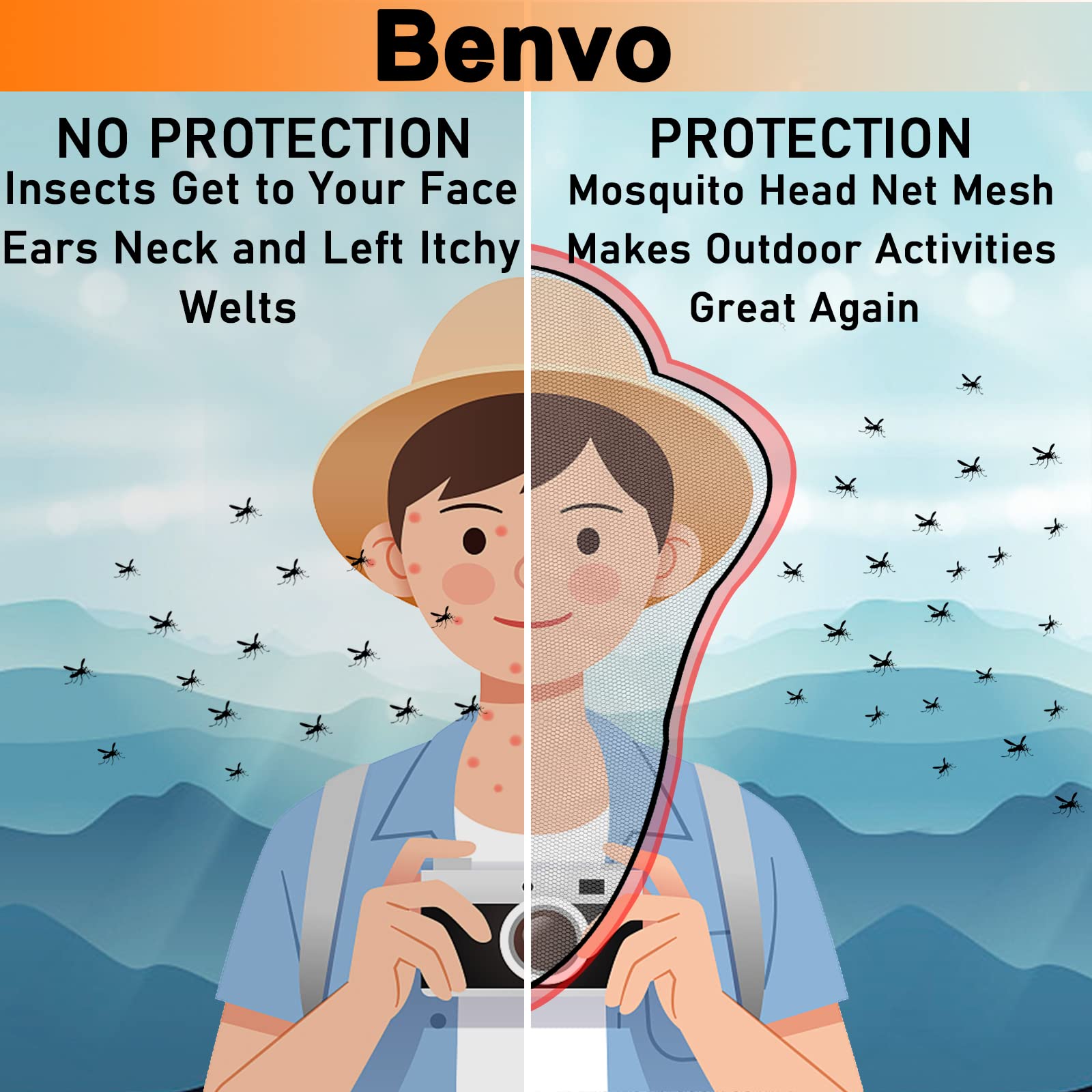 Benvo Mosquito Head Net Mesh, Face Neck Fly Netting Hood from Bugs Gnats Noseeums Screen Net for Any Outdoor Lover- with Carry B
