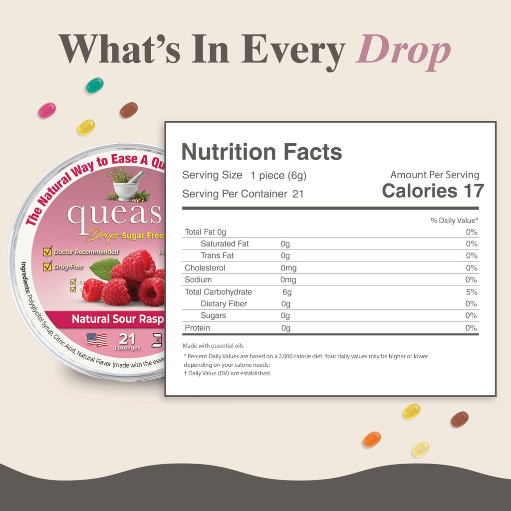 Three Lollies Queasy Drops Sugar Free - Natural Sour Raspberry Flavor - Ease Chemotherapy Nausea & Travel Sickness, Alleviates a