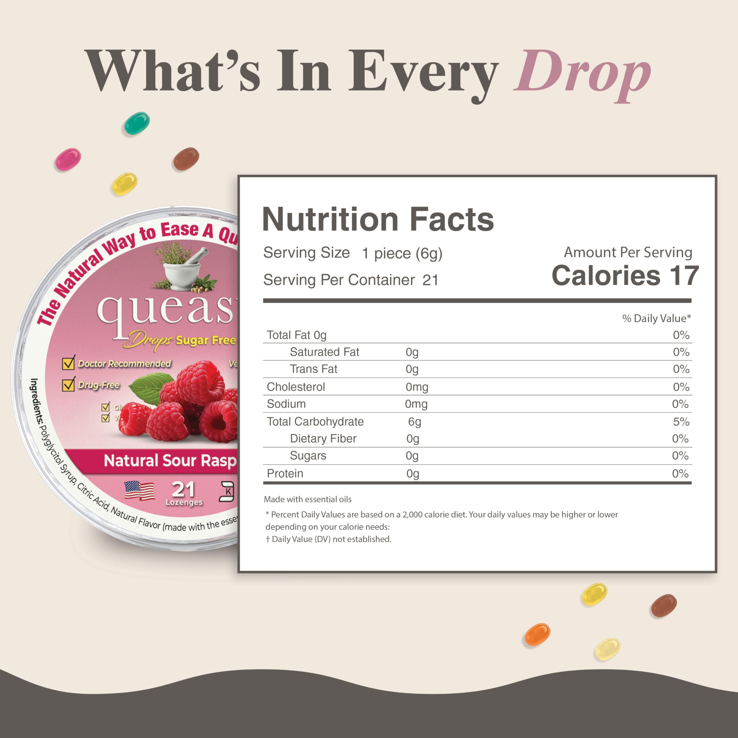Three Lollies Queasy Drops Sugar Free - Natural Sour Raspberry Flavor - Ease Chemotherapy Nausea & Travel Sickness, Alleviates a
