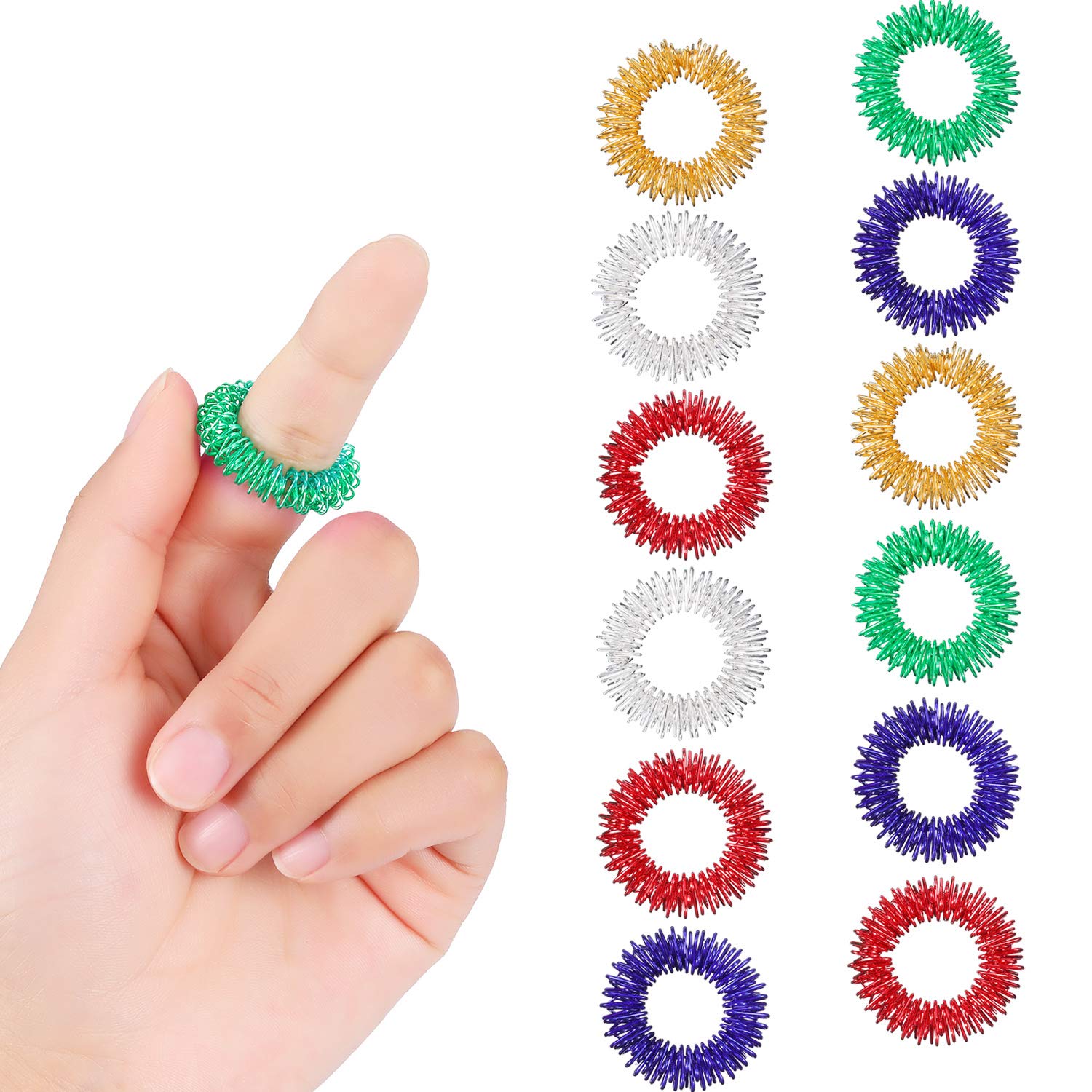 12 Pieces Spiky Sensory Finger Rings, Spiky Finger Ring/Acupressure Ring Set for Teens, Adults, Silent Stress Reducer and Massag