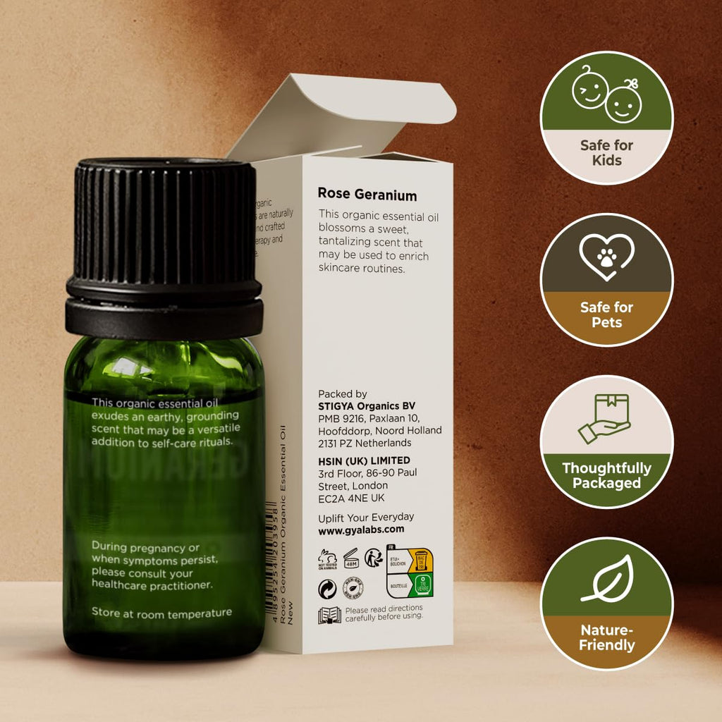 Gya Labs Organic Rose Geranium Essential Oil for Skin - 100% Pure Natural Organic Geranium Essential Oil for Diffuser - Natural