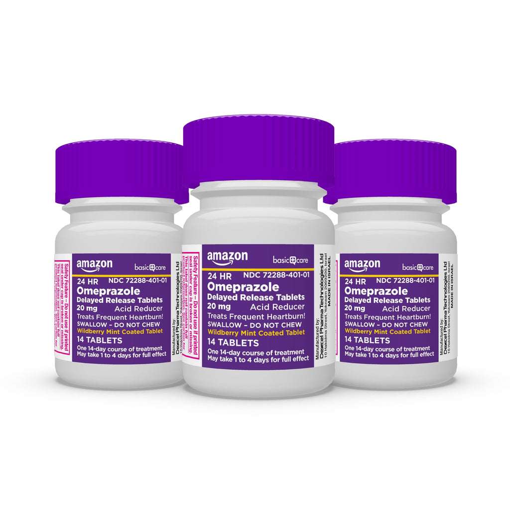 Amazon Basic Care Omeprazole Delayed Release Tablets 20 mg, Acid Reducer, Wildberry Mint Coated Tablet, Heartburn Medicine, 42 C