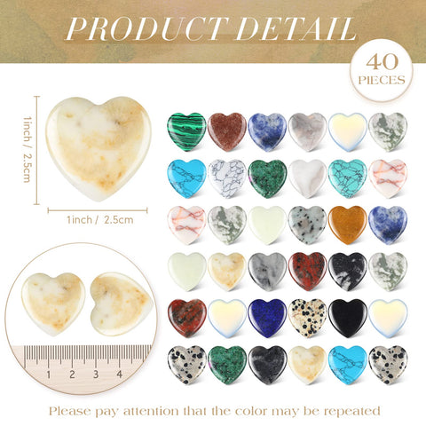 Nuenen 40 Pcs Valentine's Heart Shaped Worry Stones Bulk 1 Inch Heart Rystal Stone Mini Love Pocket Assorted Polished Rock Gemst