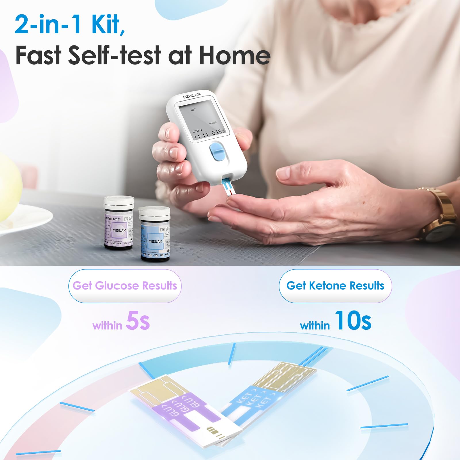Medilax Blood Ketone and Sugar Strips, Only for Medilax Keto Test and Glucose Meter, 60 Count Diabetic Strips, 60 Count Blood Ke