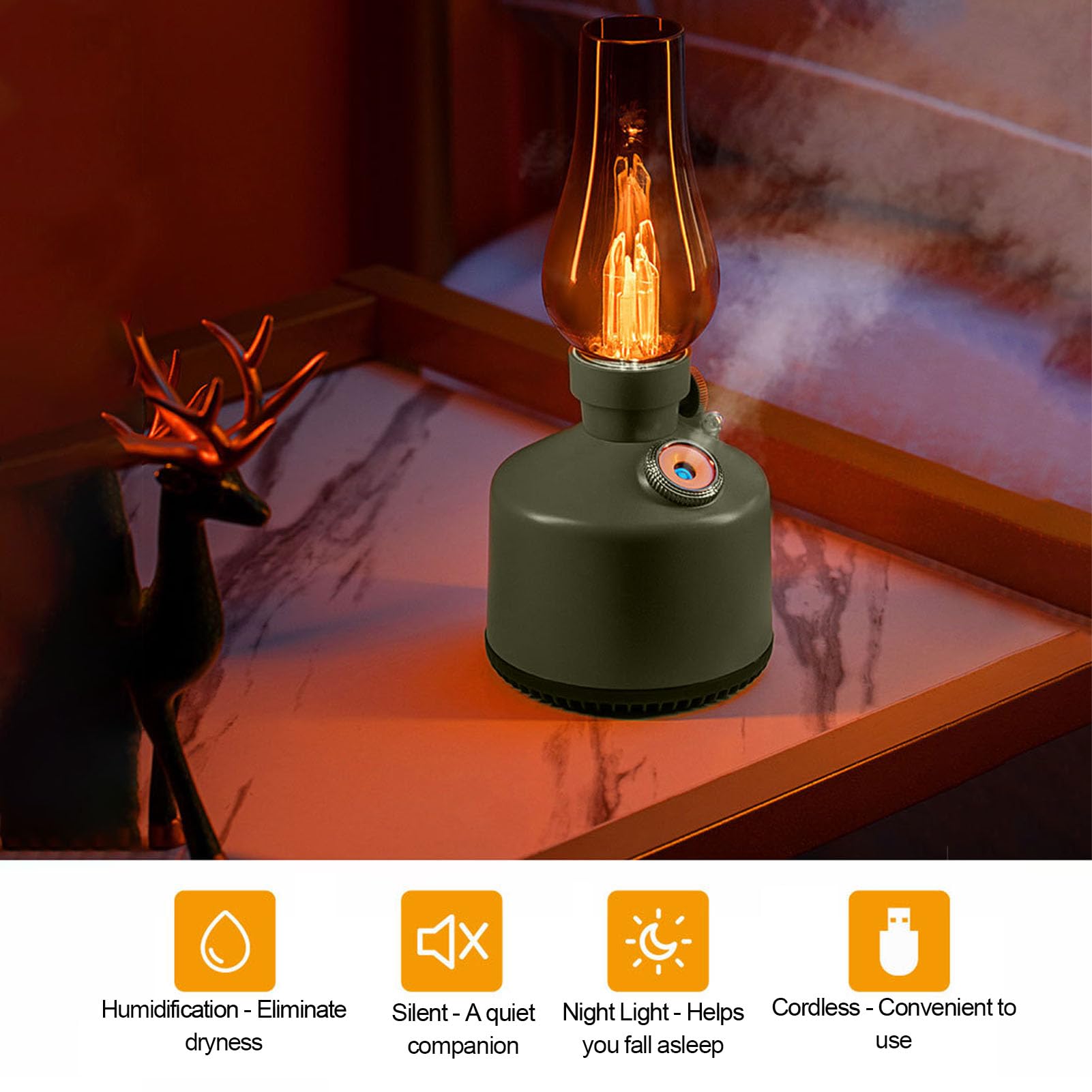 Humidifier Vintage Lantern with Lamp, Kerosene Lamp Shaped Quiet Home Humidifier, Aromatherapy Diffuser, 2 Mist Settings, Steple