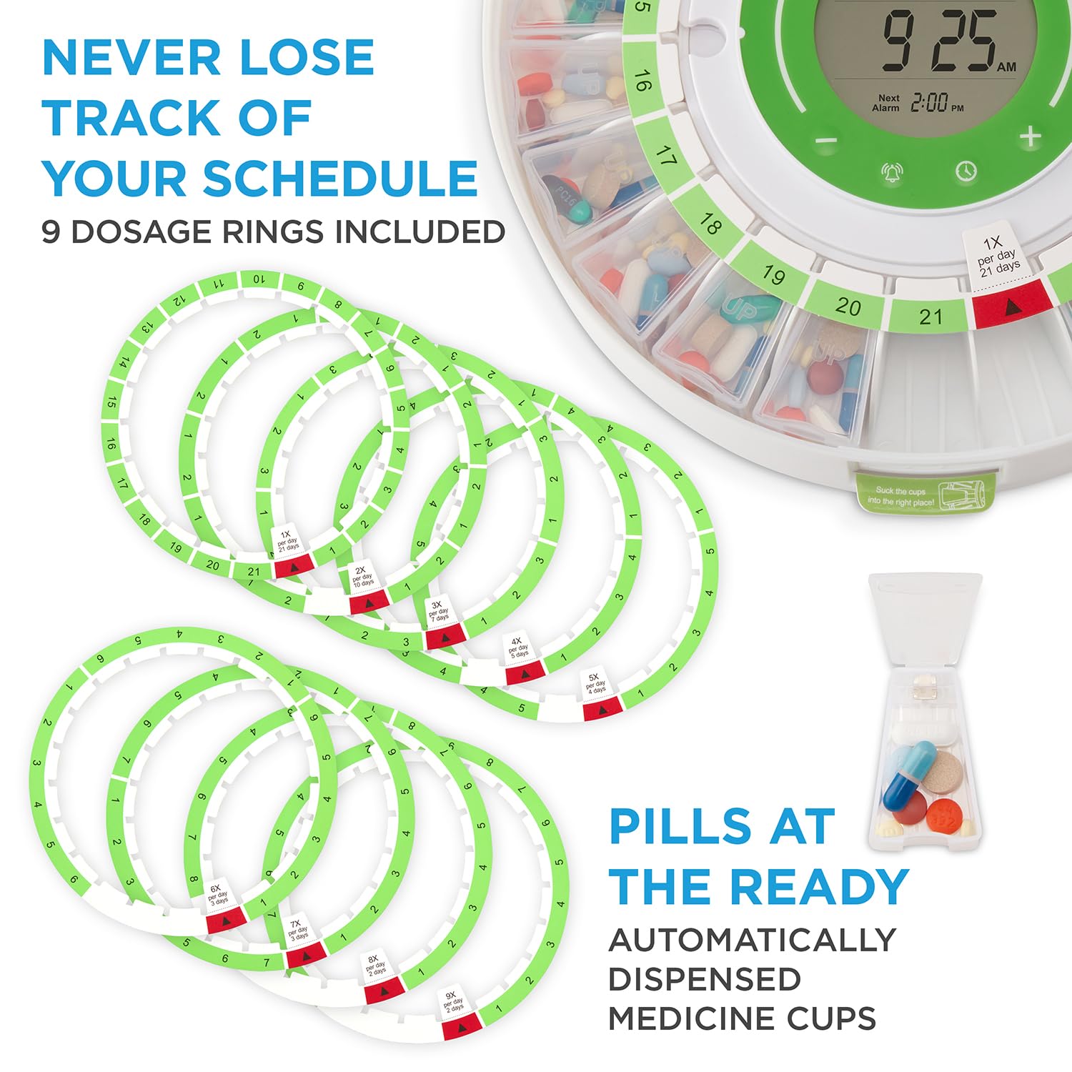 LiveFine Automatic Pill Dispenser with Removable Cups, 21 Compartments, 9 Dosage Rings, Alarm Reminder, LCD Display, Sound & Lig