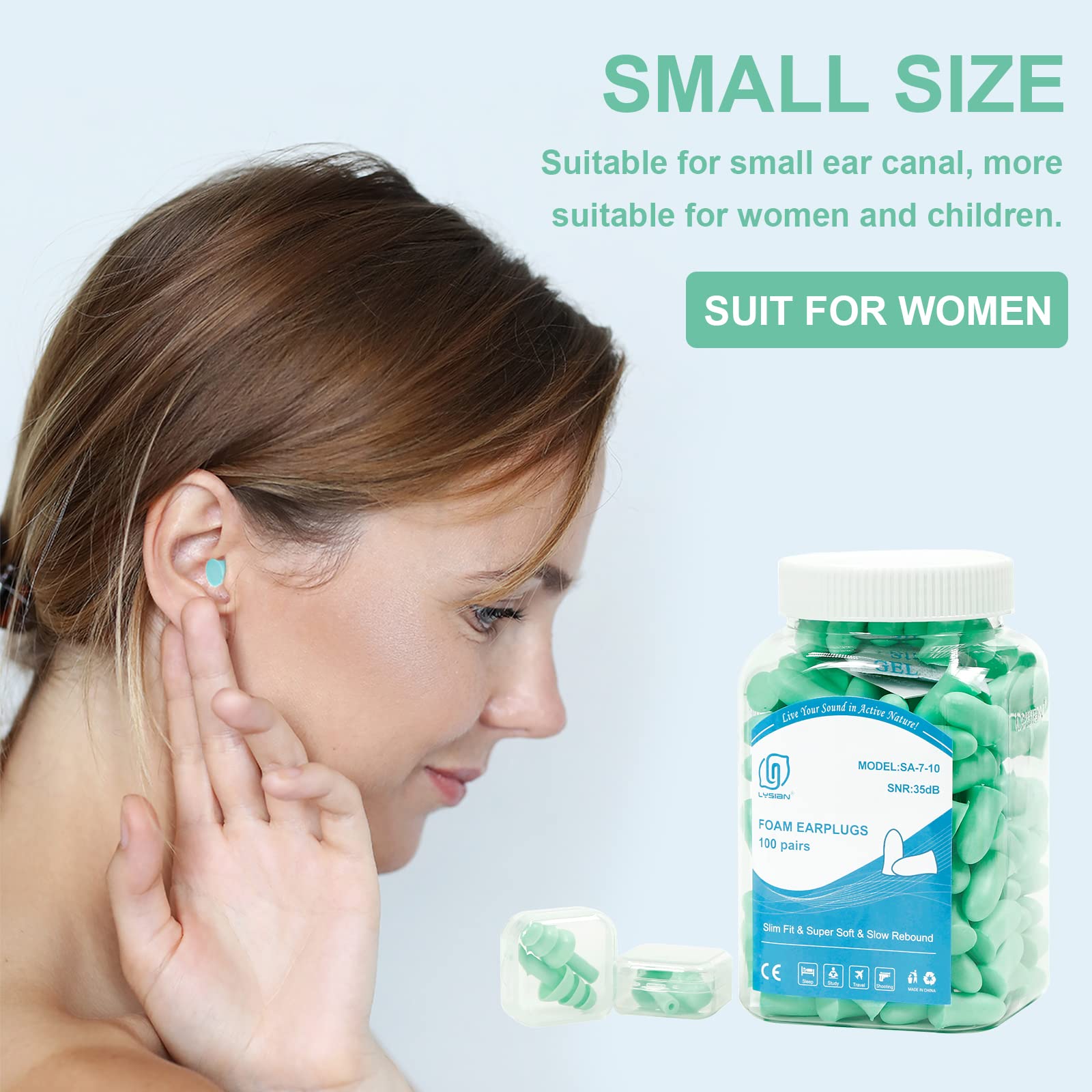 LYSIAN 100 Pairs Slim Foam Ear Plugs for Small Ear Canals Women, 35dB SNR Noise Canceling Sound Blocking Reduction Earplugs for