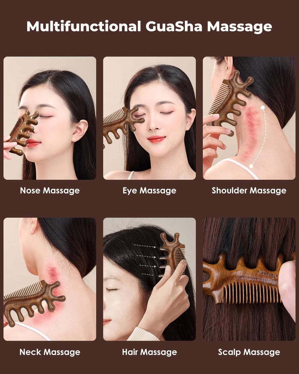 Melous 4 in 1 Sandalwood Gua Sha Massager, Scraping Massage Comb, Meridians Tool for Hair, Face, Eye Neck Body Massage