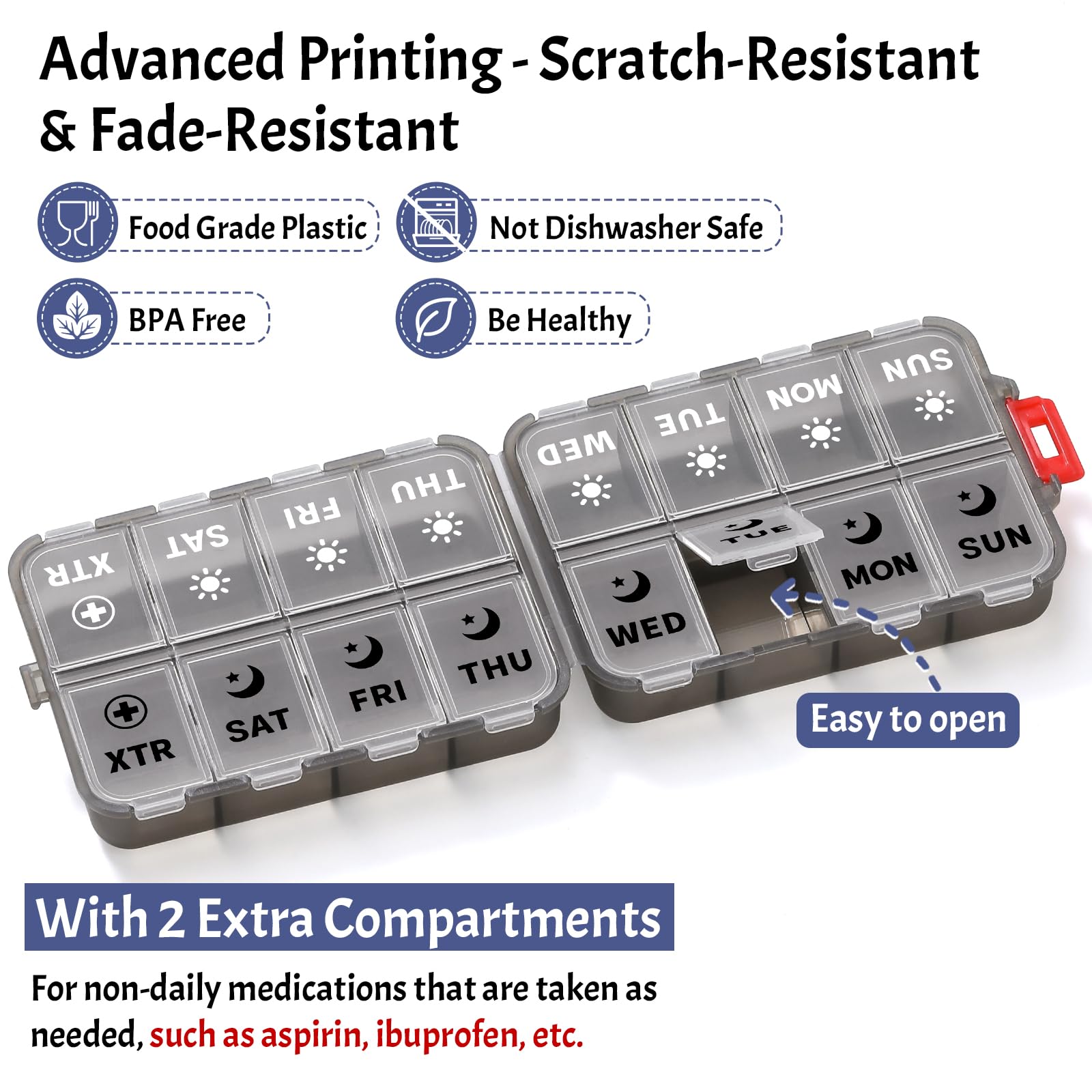 Foldable Weekly Pill Organizer 2 Times a Day with 2 Extra Compartments (Clear Printed Labels) - 7 Day AM PM Medicine Box, Week D