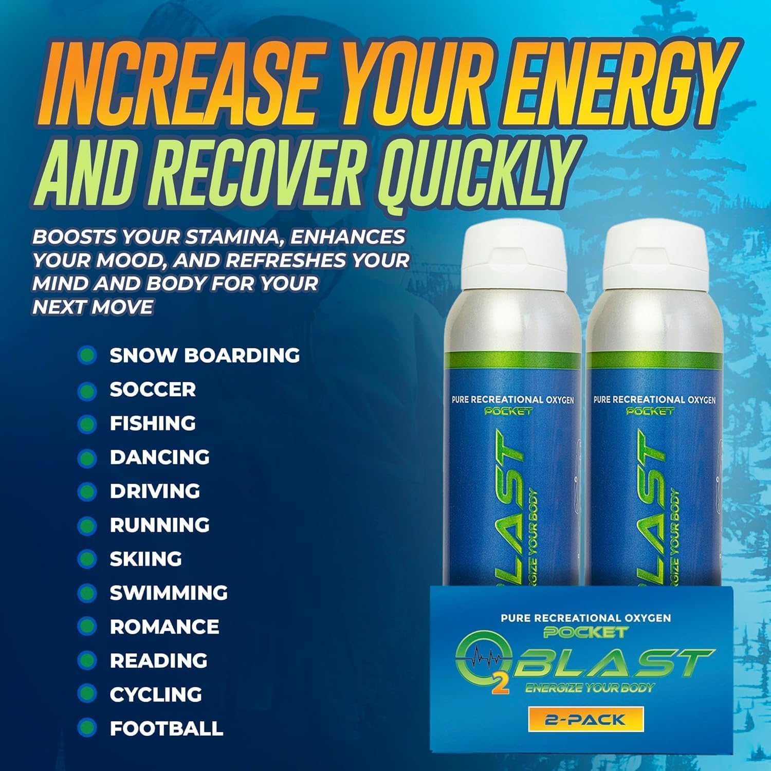 O2 Blast - Pure Oxygen Supplement, Quick Recovery for Exercise and Focus, Sanitary flip top Cap (4 Liter Oxygen Canisters - 2 Pa