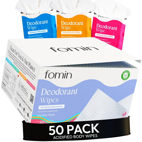FOMIN Acidified Travel Deodorant Wipes For Women & Men - 50 Count - Variety Pack - pH Balanced, Mini Deodorant Travel Size Wipes