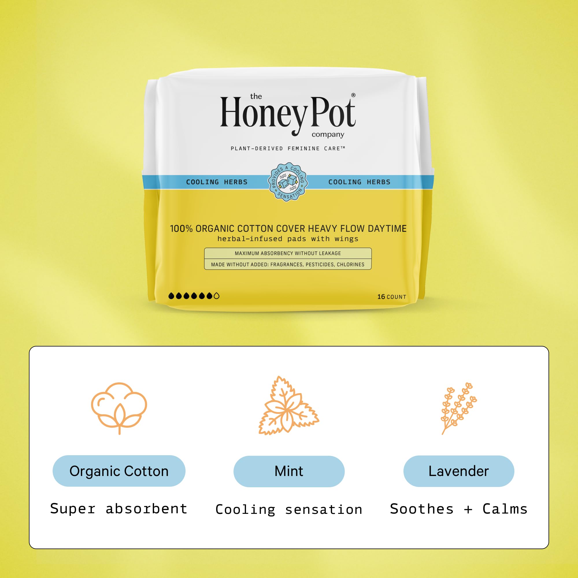 The Honey Pot Company - Herbal Sanitary Pads for Women - Heavy Flow w/Wings - Infused w/Essential Oils for Cooling Effect & Orga