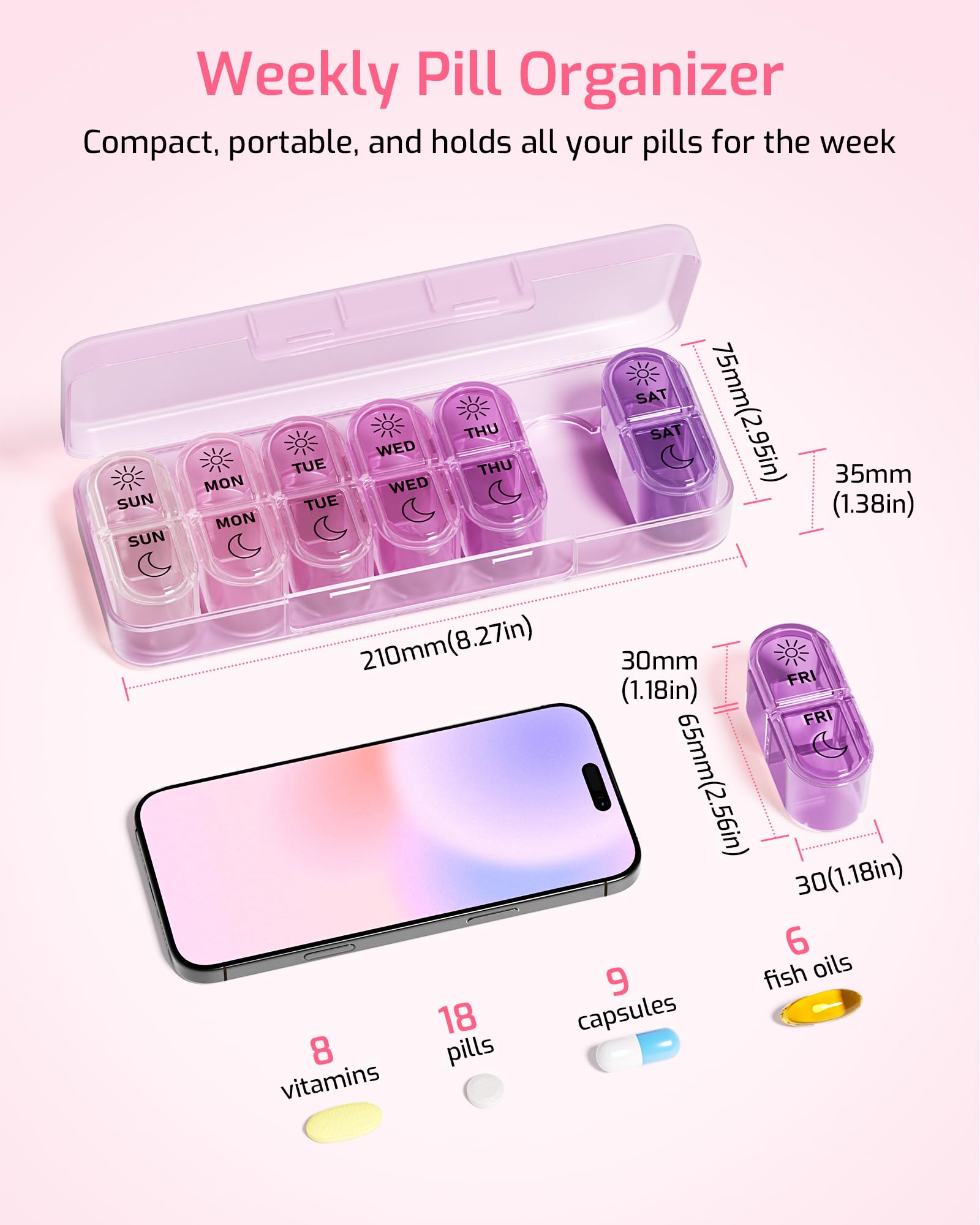 Daviky Weekly Pill Organizer 2 Times a Day, 7-Day AM PM Medicine Case, Travel-Friendly Pill Box for Fish Oils, Vitamins & Supple