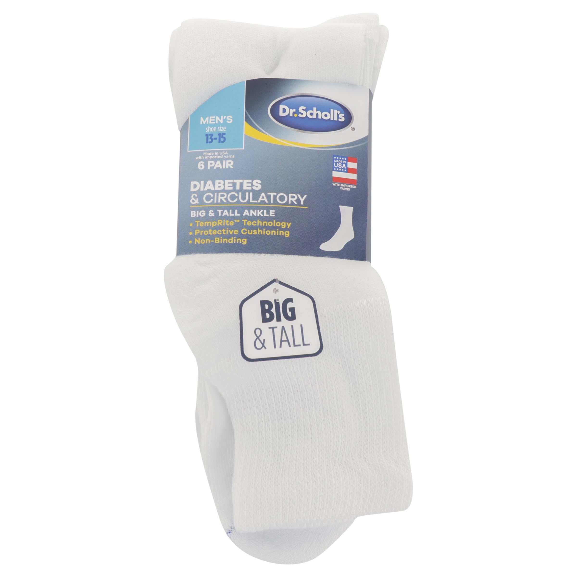 Dr. Scholl's Mens Diabetes & Circulator - 4 6 Pair Packs Non-binding Comfort And Moisture Management Sock, White, 13-15 US