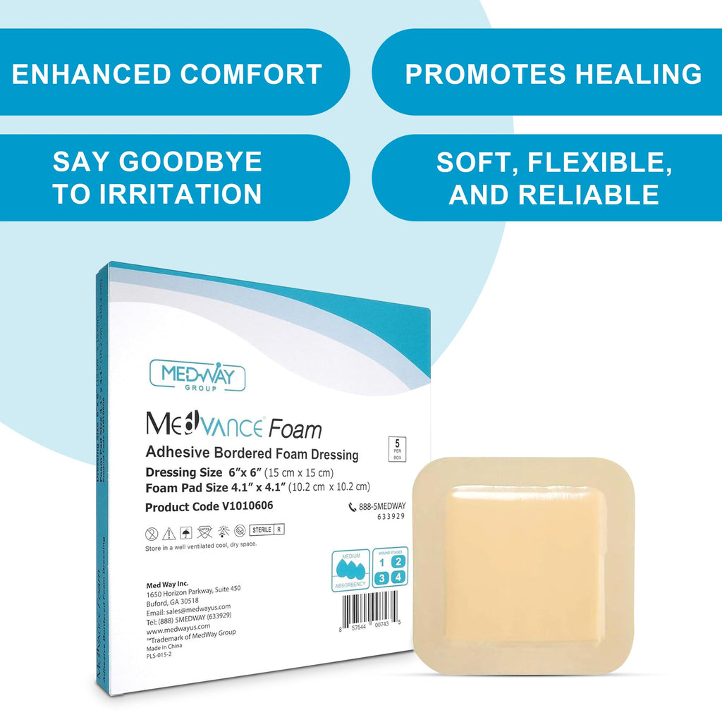 MedVance TM Foam - Bordered Adhesive Hydrophilic Foam Dressinge 6x6 (4.1x4.1 Pad) Box of 5 dressings
