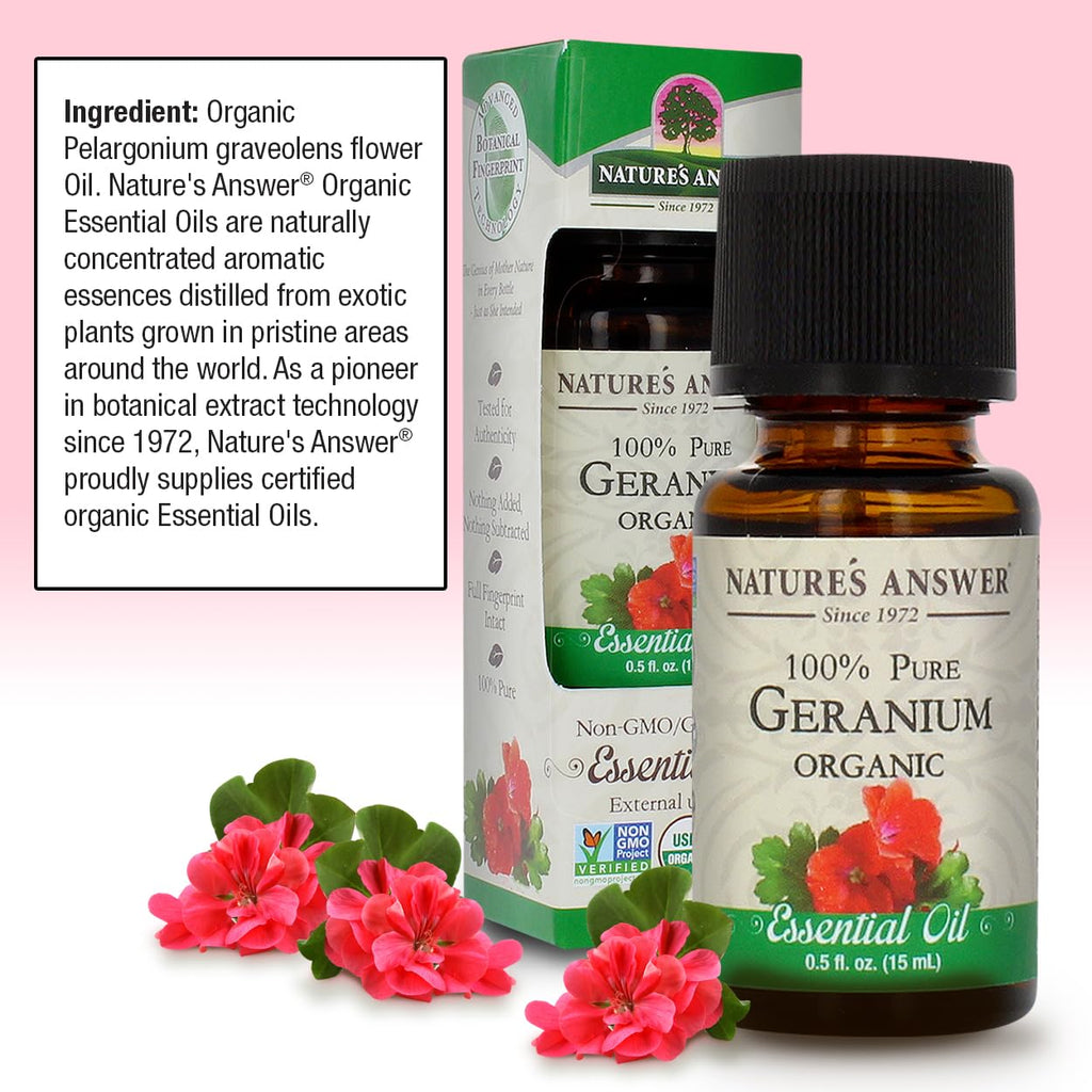 Natures Answer USDA Organic Geranium Essential Oil, 100% Pure | Natural Aromatherapy Oil for Diffuser/Humidifier, Steam Distille