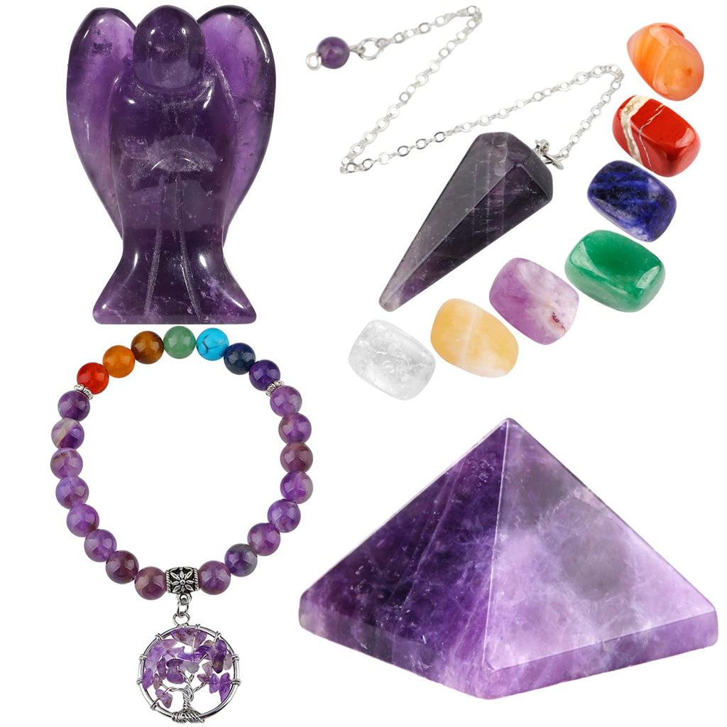 mookaitedecor Amethyst Healing Crystals Set, 7 Chakra Bracelet, Palm Stones, Pendulum, Pocket Guardian Angel, Pyramid Meditation