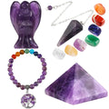 mookaitedecor Amethyst Healing Crystals Set, 7 Chakra Bracelet, Palm Stones, Pendulum, Pocket Guardian Angel, Pyramid Meditation