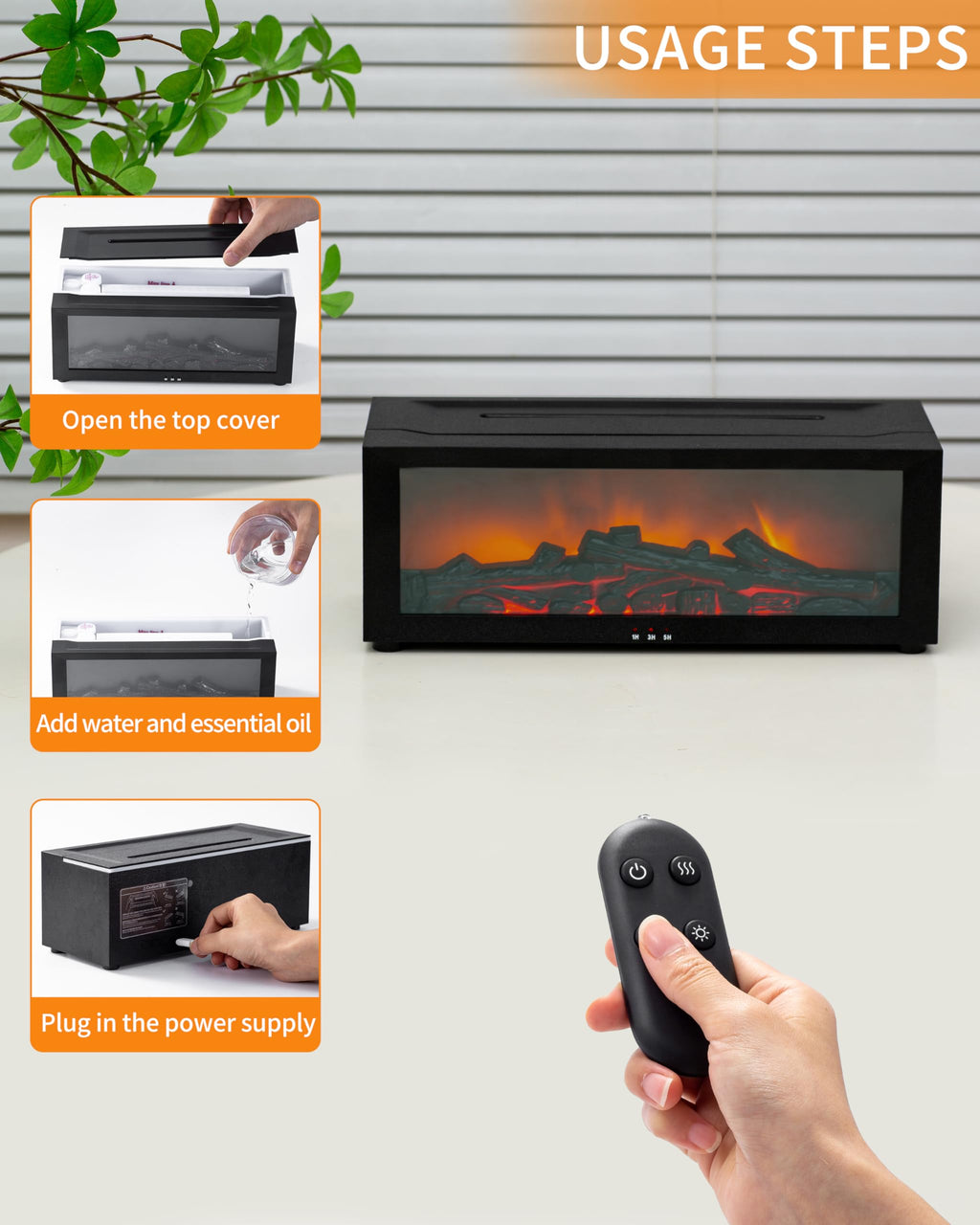 Flame Fireplace Diffuser Ultrasonic Essential with Remote Oil Aromatherapy 150ML Cool Mist Humidifier with Multiple Mist Mode, T