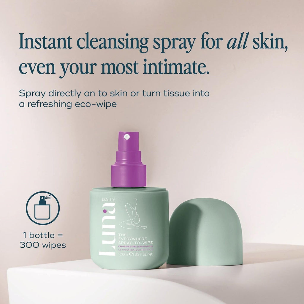 Luna Daily The Everywhere Spray-to-Wipe | Fragrance- Free | Gentle Cleansing Spray for Face, Body & Intimate Use - No Rinse, Hyp