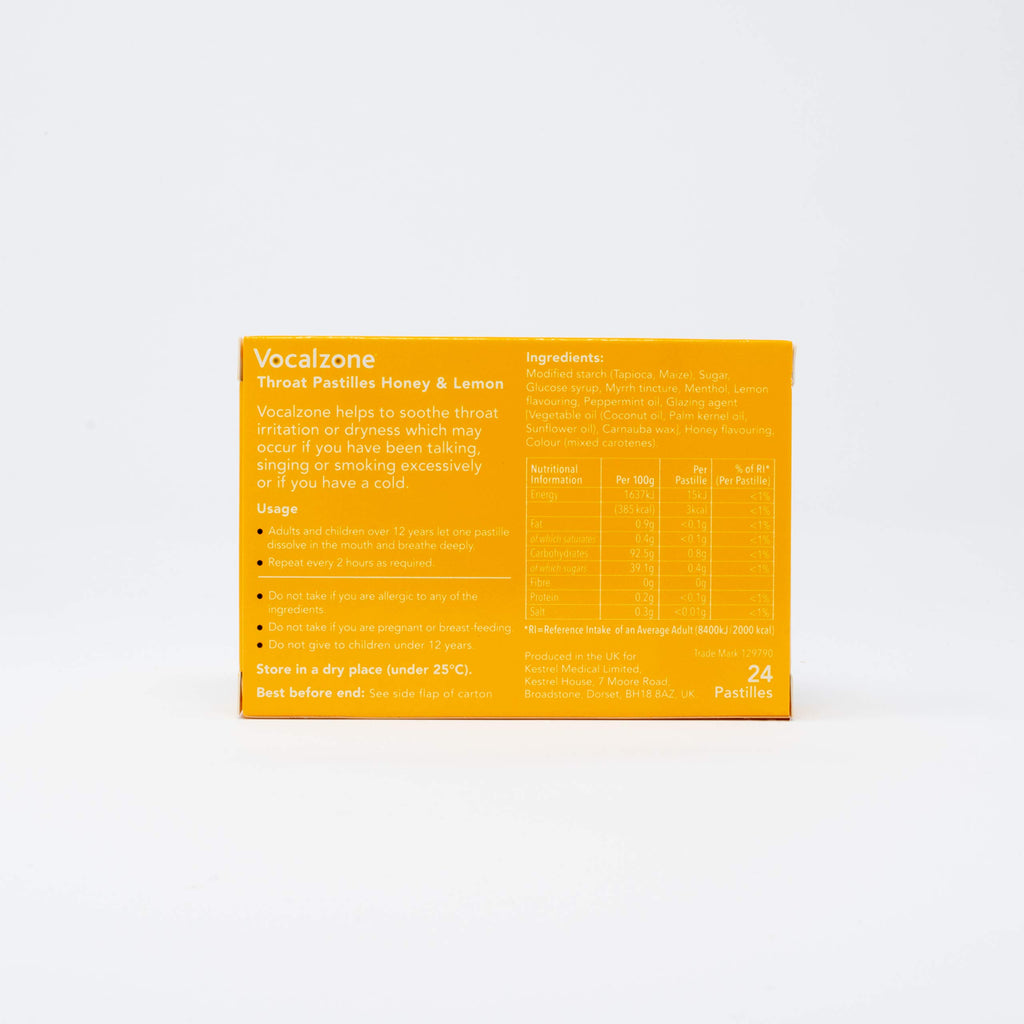 Vocalzone Throat Pastilles Honey & Lemon 24 - For Sore Throats and Hoarseness When Overusing Your Voice. Produced and sold in th