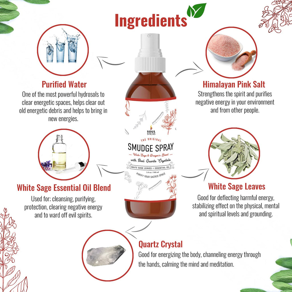 SOUL STICKS White Sage & Dragons Blood Smudge Spray - 3.5oz Smokeless Energy Mist with Quartz Crystals - Protective Smudging Spr