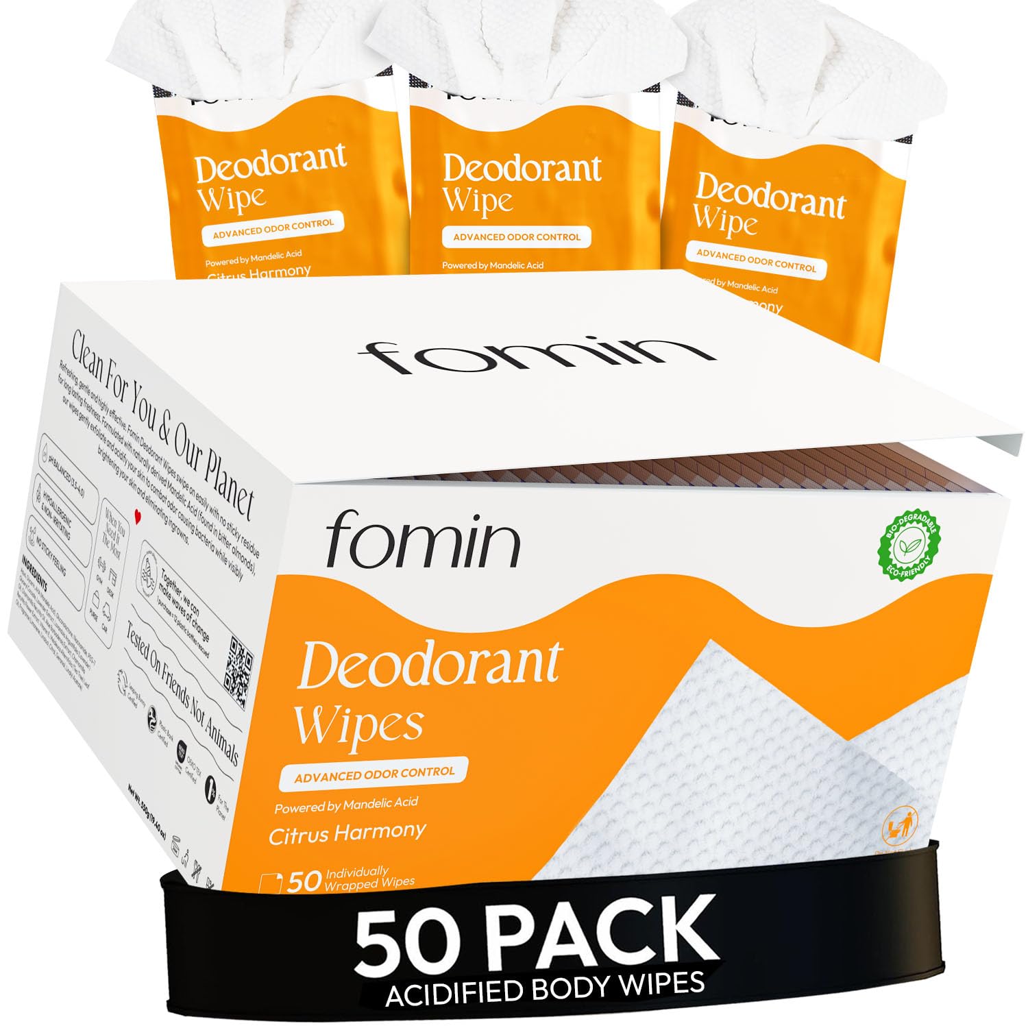 FOMIN Acidified Travel Deodorant Wipes For Women & Men - 50 Count - Citrus Harmony - pH Balanced, Mini Deodorant Travel Size Wip