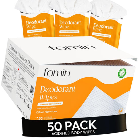FOMIN Acidified Travel Deodorant Wipes For Women & Men - 50 Count - Citrus Harmony - pH Balanced, Mini Deodorant Travel Size Wip